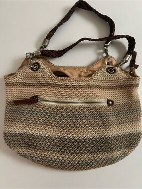 Le Sac Woven Tote Bag with Braided Handles - Beige and Brown
